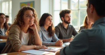 Groupe de jeunes adultes en discussion dans une salle lumineuse