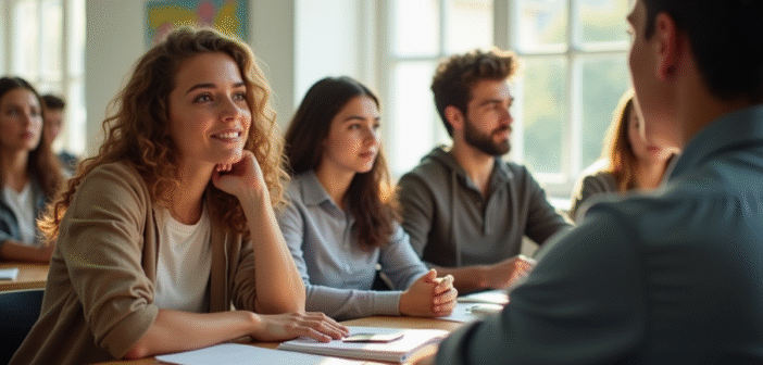 Groupe de jeunes adultes en discussion dans une salle lumineuse
