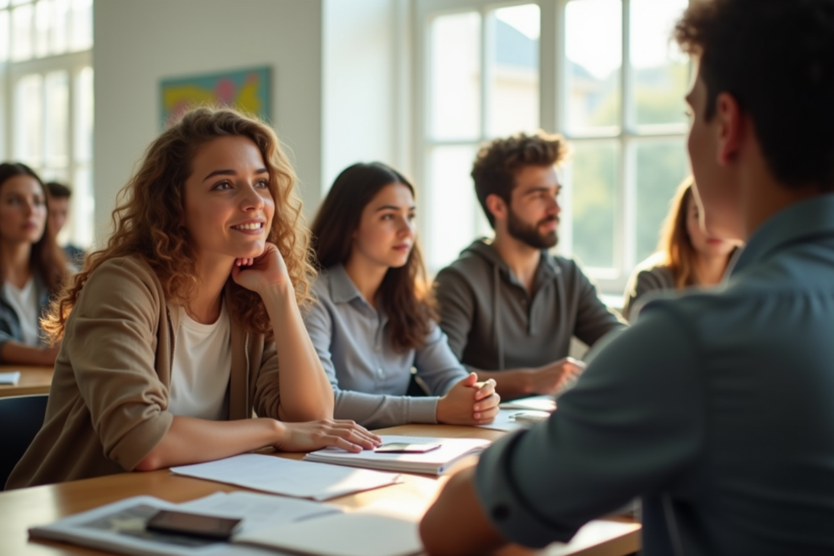 Groupe de jeunes adultes en discussion dans une salle lumineuse