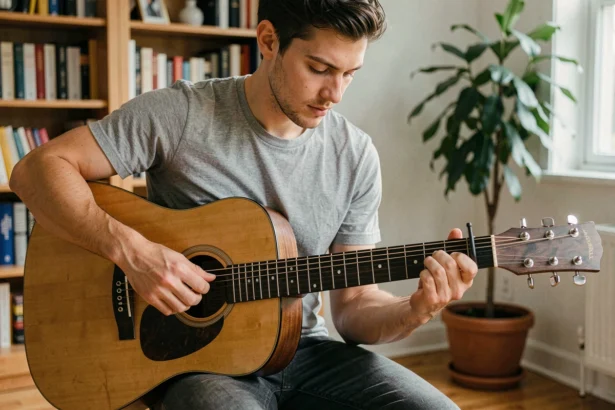 Jeune guitariste apprenant l'accord Wonderwall sur une guitare acoustique dans un salon chaleureux