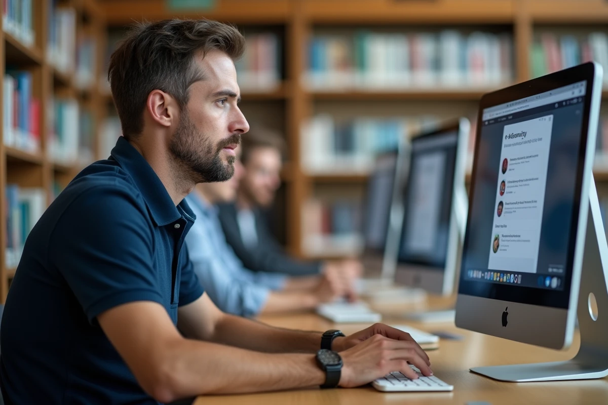 Homme adulte accédant à ses cours en ligne Moodle GRETA depuis un ordinateur en bibliothèque publique