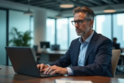 Homme d'affaires en costume navy travaillant au bureau