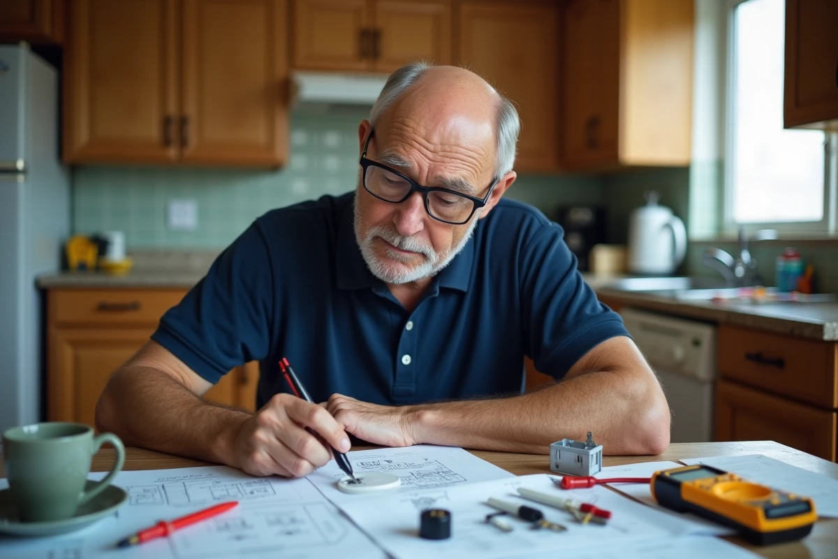 Homme senior consultant des schémas électriques pour apprendre à réaliser des travaux de bricolage seul chez lui