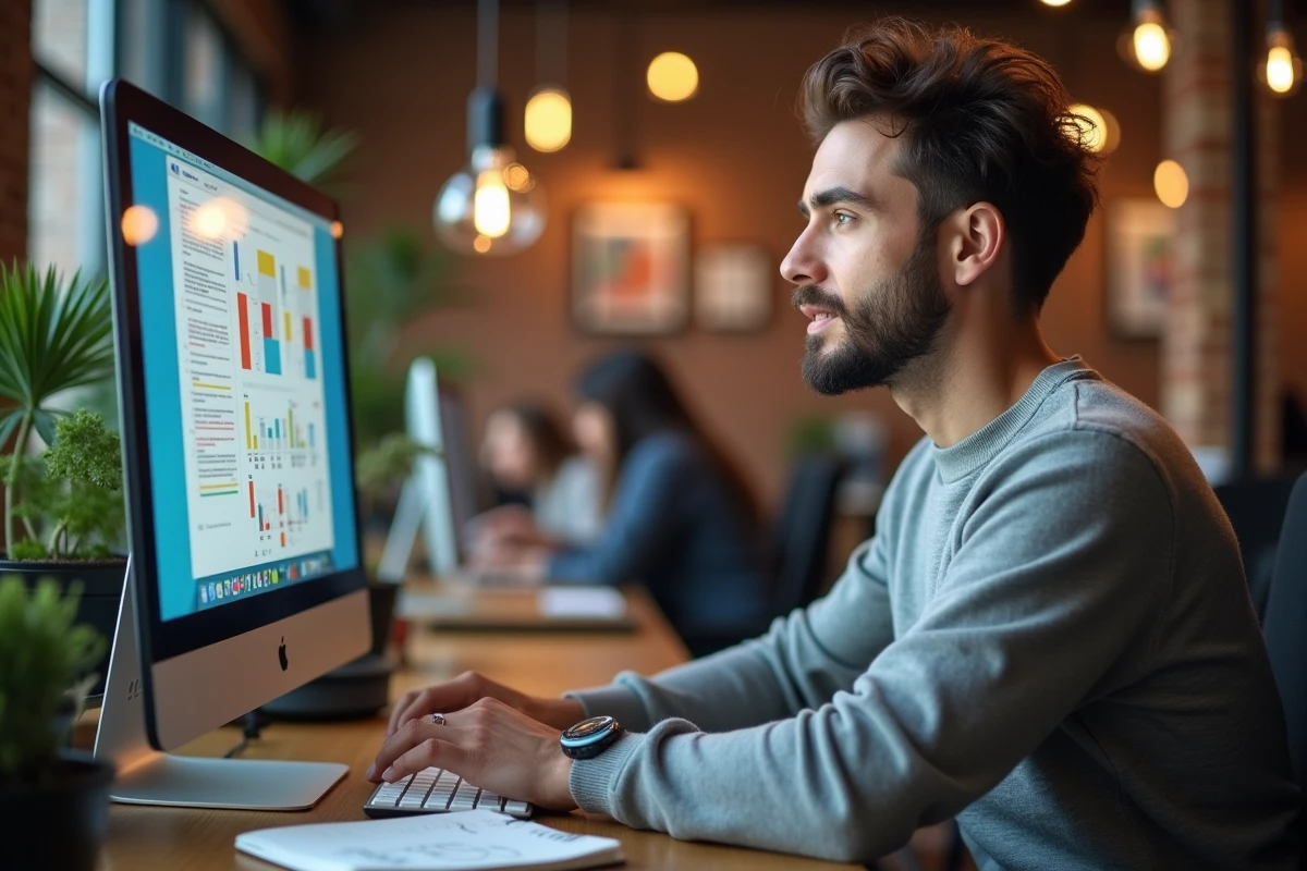 Homme en train d'apprendre Canva dans un espace de coworking moderne avec grand écran