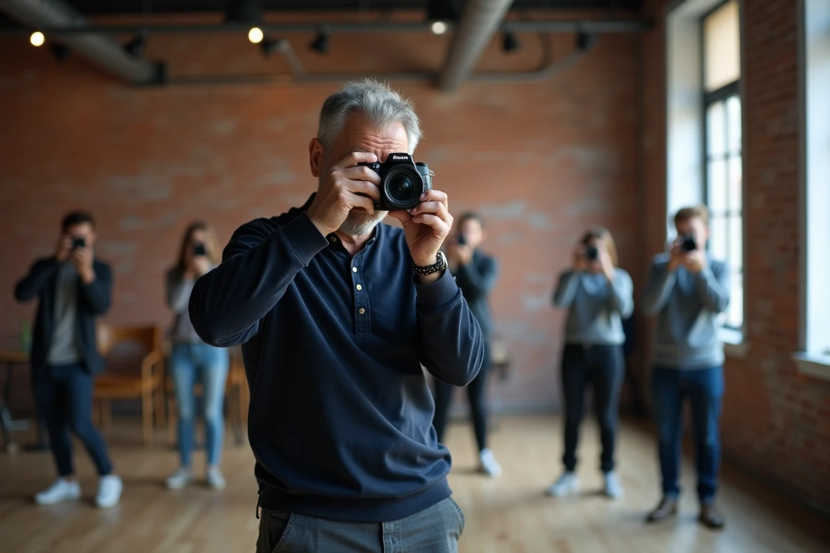 Homme en pleine reconversion apprenant la photographie lors d'un atelier professionnel en studio urbain