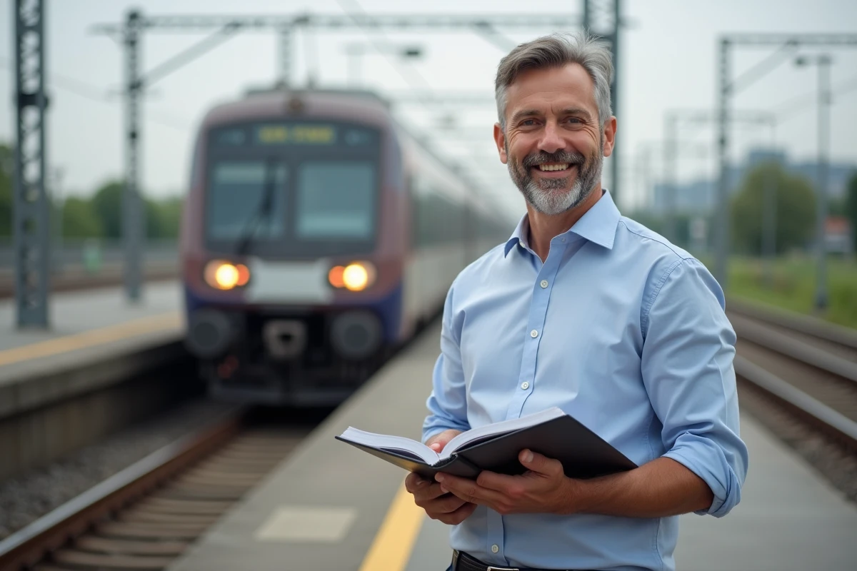 Homme souriant avec un carnet sur une plateforme de train