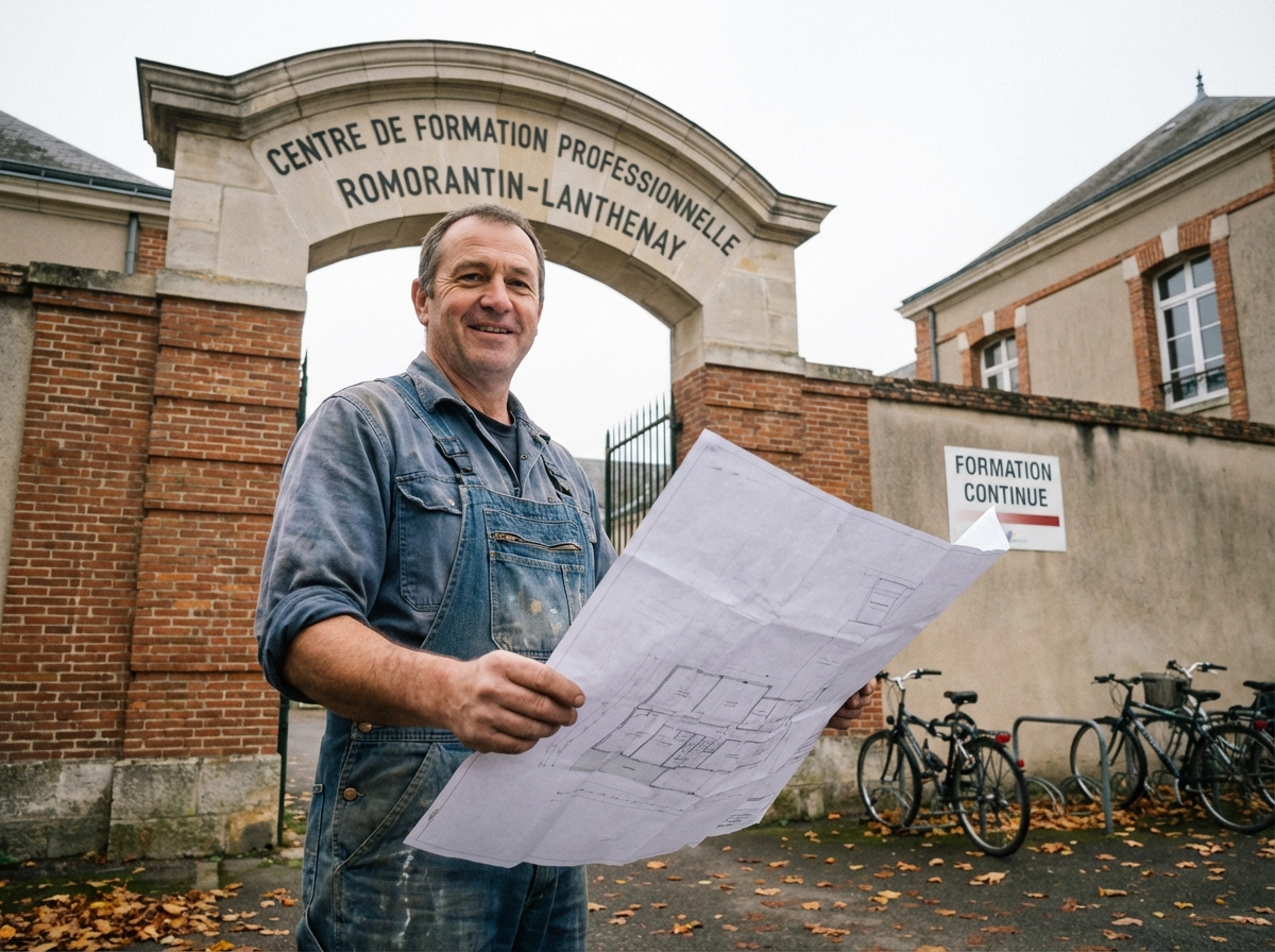 Homme souriant avec un plan devant une école professionnelle à Romorantin