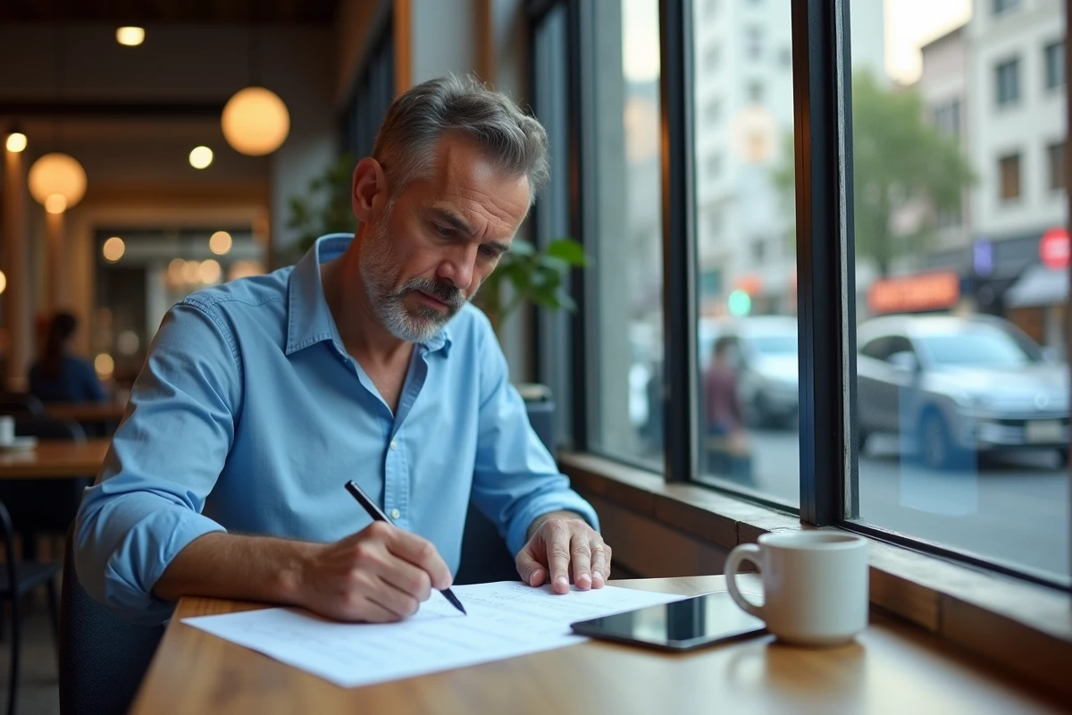 Homme mature corrige un test TOEIC dans un café urbain