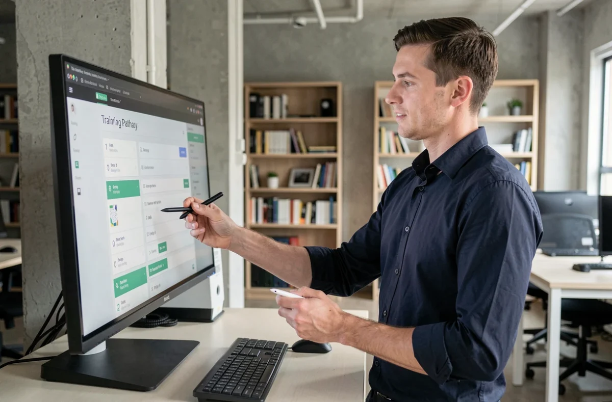 Homme en train de choisir son parcours de formation sur un écran dans un espace de coworking moderne