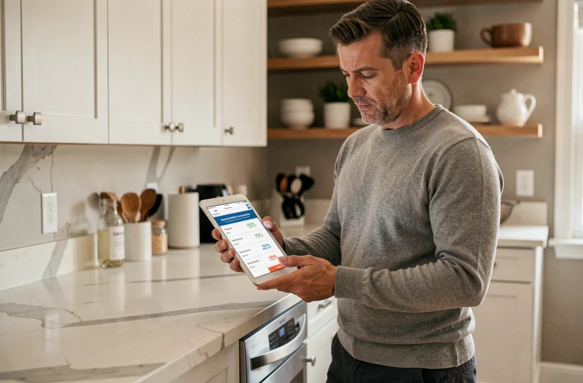 Homme comparant les prix des abonnements emailing sur une tablette dans une cuisine moderne