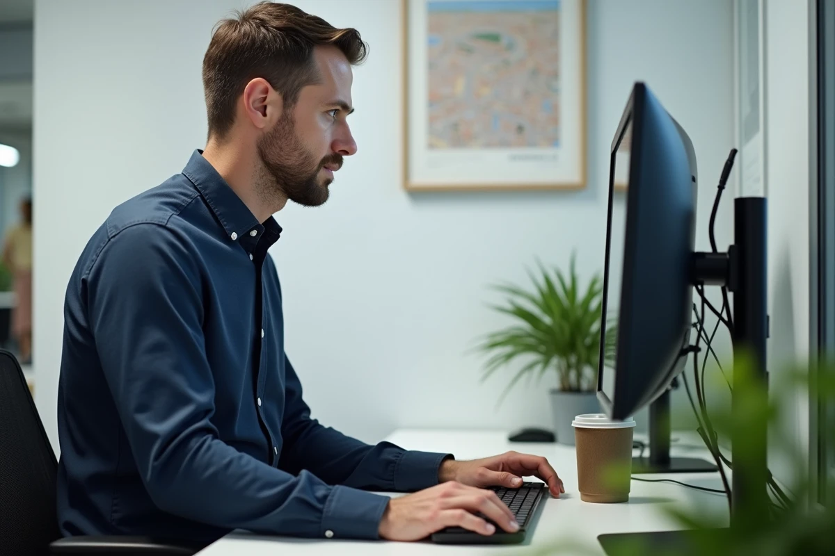 Homme consultant ses démarches administratives RH sur un poste de travail double écran dans un bureau contemporain
