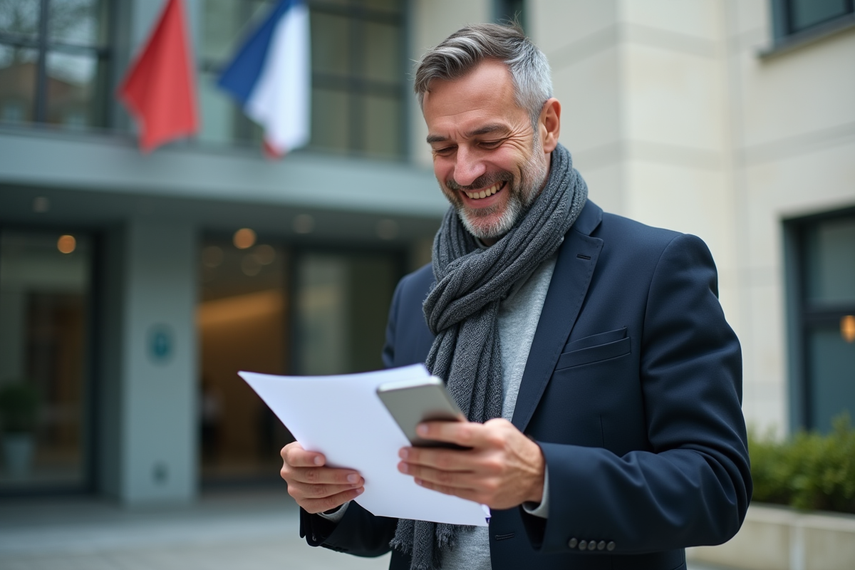 Homme d age avec documents officiels devant un bâtiment officiel