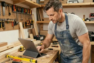 Un homme adulte en tablier de bricolage consulte une formation en ligne sur une tablette posée sur son établi dans un atelier de rénovation bien équipé