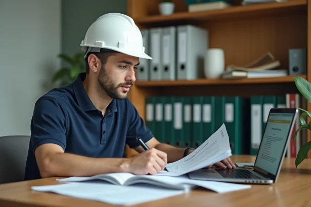 Un homme en tenue de chantier consulte un formulaire de financement de formation BTP sur un ordinateur dans un bureau de centre de formation