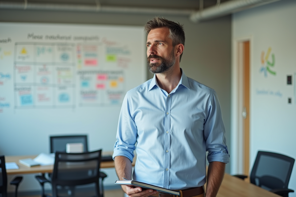 Homme en chemise bleue devant tableau blanc créatif