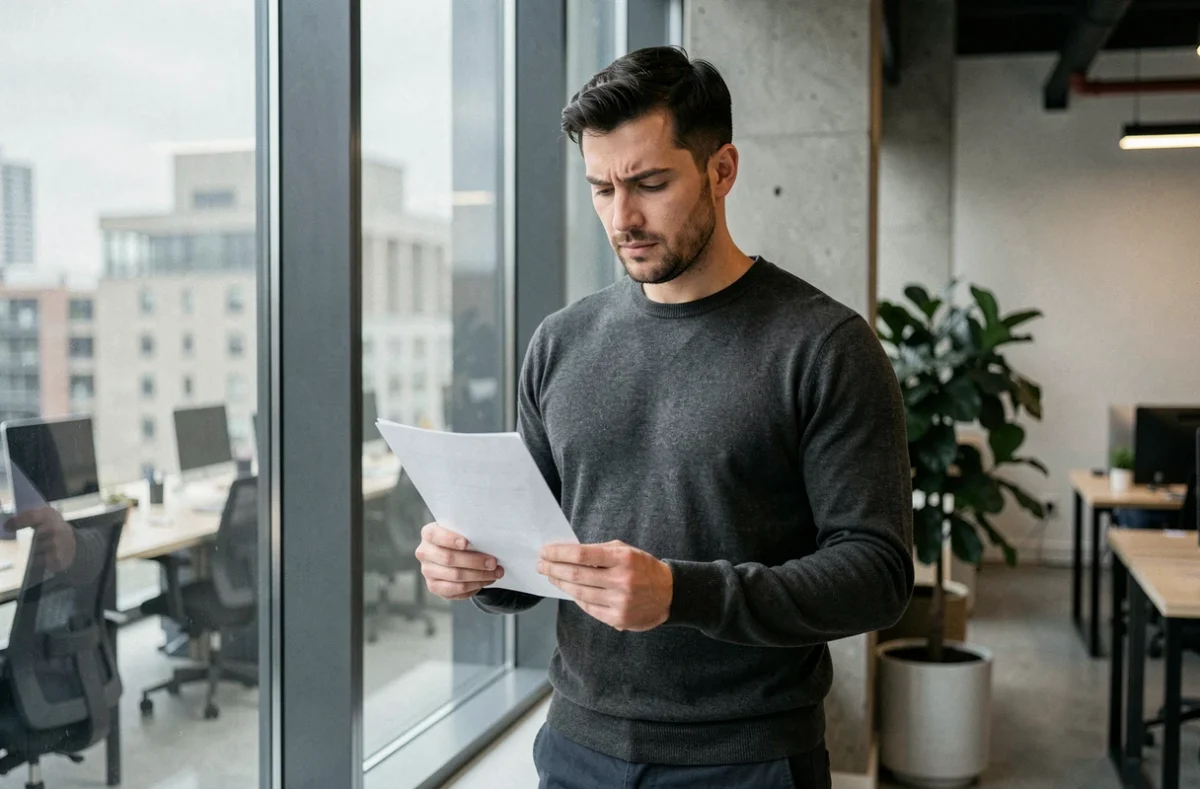 Jeune homme lisant attentivement sa lettre de motivation dans un espace de coworking moderne avec vue urbaine