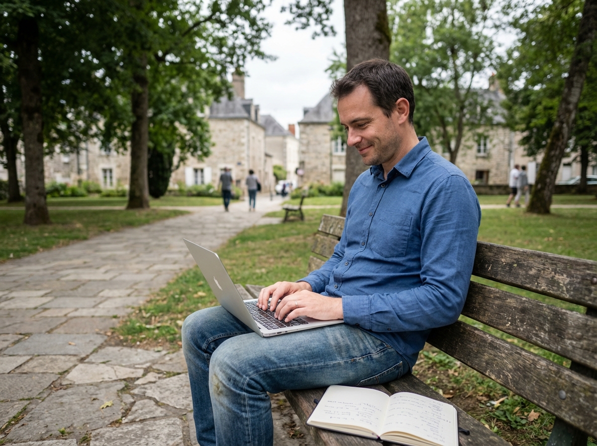 Homme assis sur un banc de parc utilisant un ordinateur portable
