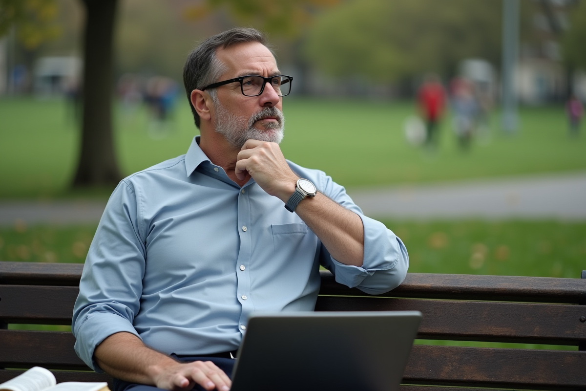 Homme méditant dans un parc avec ordinateur et dictionnaire