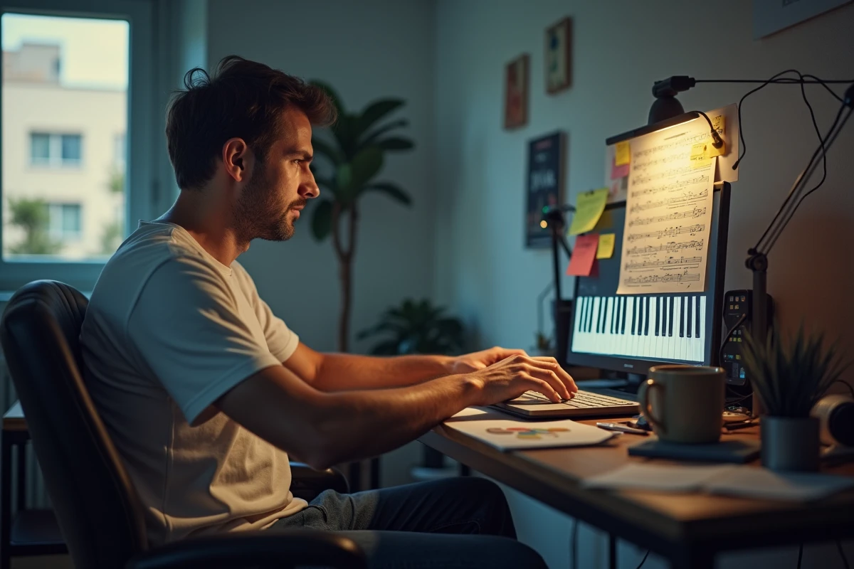 Homme adulte apprenant le piano en ligne sur ordinateur portable dans un bureau à domicile encombré