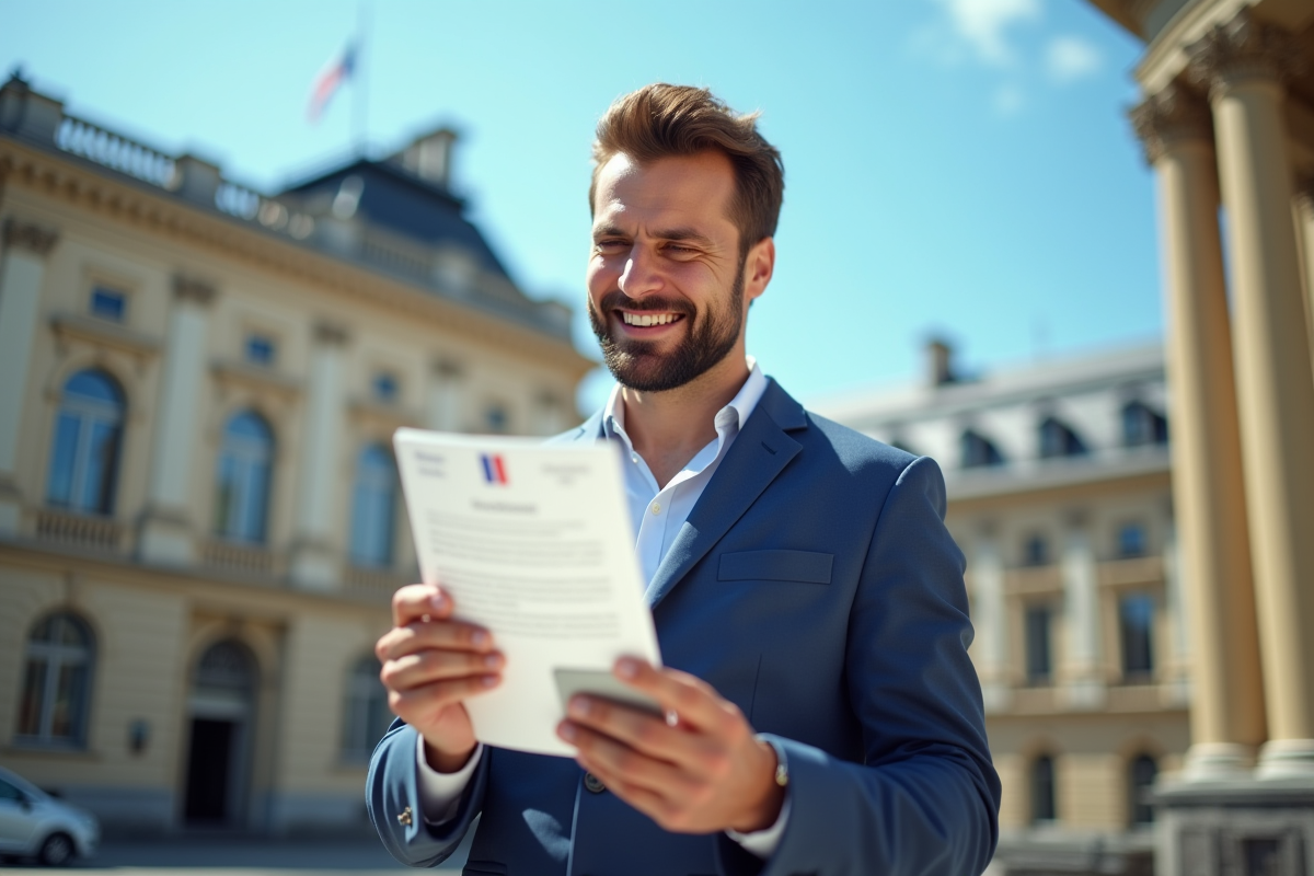 Employé français souriant tenant un certificat devant un bâtiment officiel