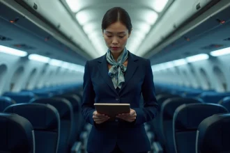Hôtesse de l'air en uniforme bleu marine consultant un clipboard dans l'allée d'un avion commercial