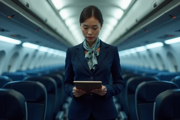 Hôtesse de l'air en uniforme bleu marine consultant un clipboard dans l'allée d'un avion commercial