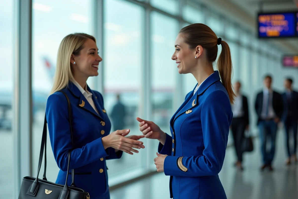 Deux hôtesses de l'air en uniforme discutant près d'une porte d'embarquement dans un aéroport international