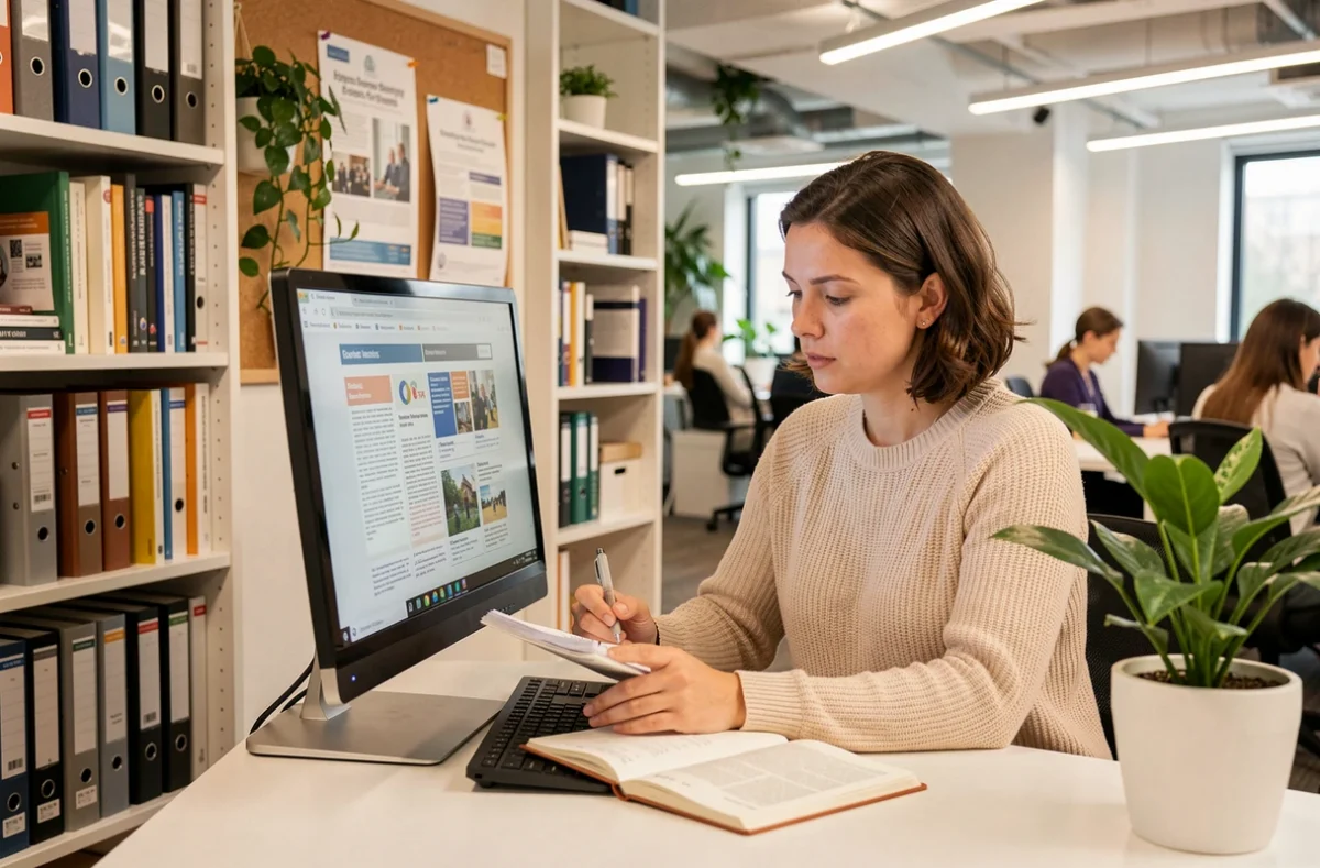 Une conseillère en formation consultant un catalogue de formations sur ordinateur pour IciFormation Oise, agrégateur départemental
