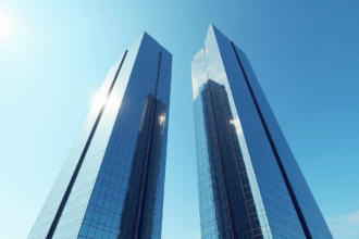 Deux tours modernes de bureaux sous un ciel bleu en journée