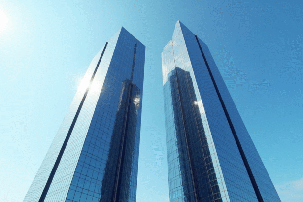Deux tours modernes de bureaux sous un ciel bleu en journée