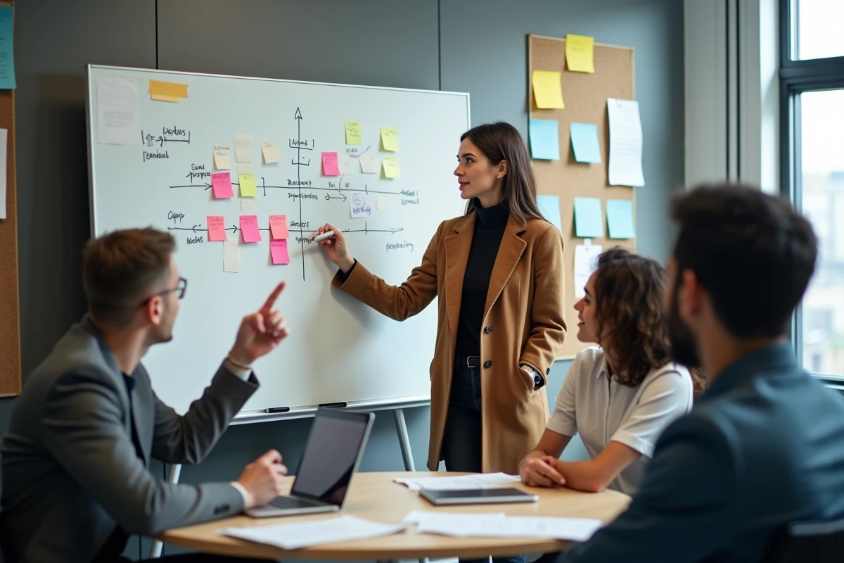 Une femme debout devant un tableau collaboratif relie les idées de son équipe, illustrant la transformation de l'intelligence collective.