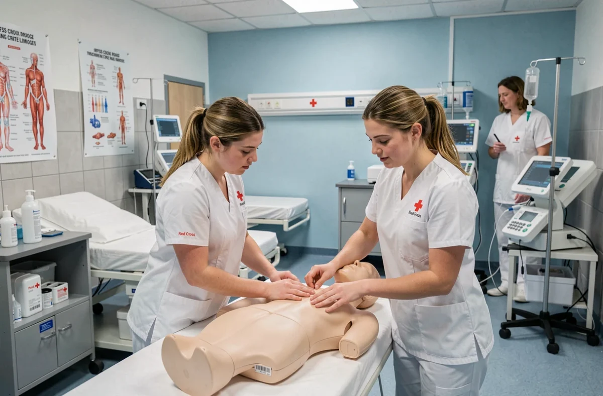 Étudiants en formation sanitaire et sociale dans le laboratoire de simulation de l'IRFSS Croix-Rouge Limoges