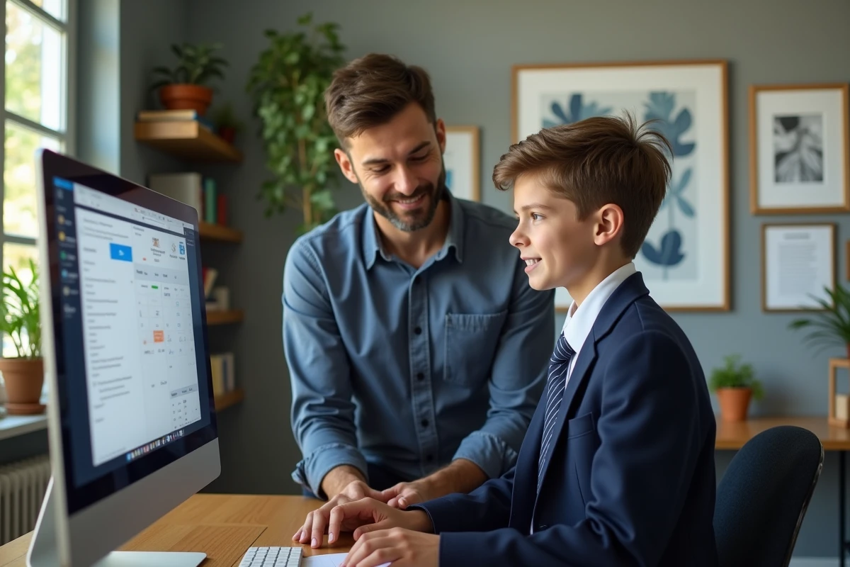 Jeune garçon en uniforme scolaire avec son père devant un écran