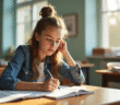 Jeune enseignant en classe lumineuse avec notes et livres
