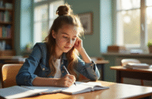Jeune enseignant en classe lumineuse avec notes et livres