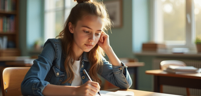Jeune enseignant en classe lumineuse avec notes et livres
