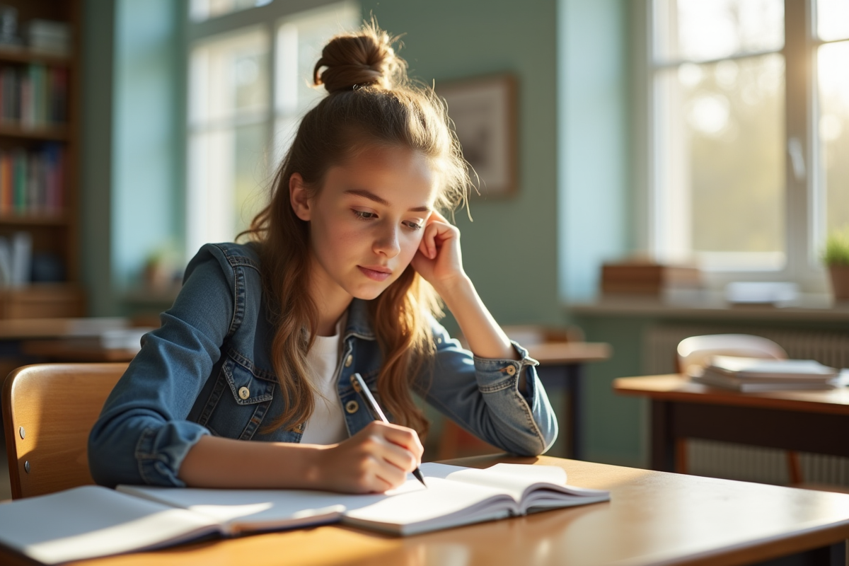 Jeune enseignant en classe lumineuse avec notes et livres