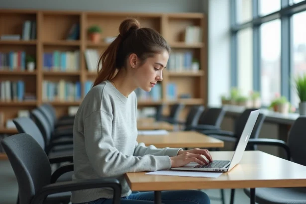 Jeune étudiant concentré sur son ordinateur portable en espace d'étude