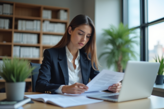 Jeune femme d'affaires regardant des contrats dans un bureau lumineux