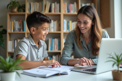 Jeune femme aidant un adolescent à faire ses devoirs dans un bureau cosy