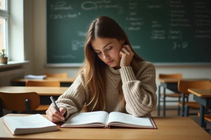 Jeune femme en classe comparant des colonnes de grammaire française