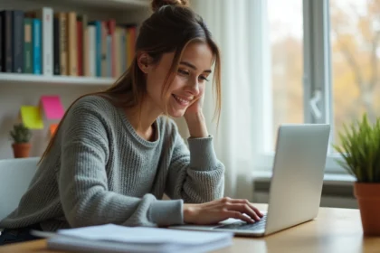 Jeune femme souriante utilisant un ordinateur dans un espace d'étude lumineux