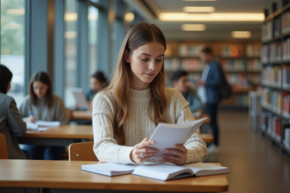 Jeune femme dans une bibliothèque moderne feuilletant un guide de cours