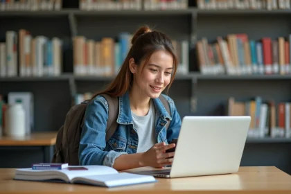 Jeune femme en bibliothèque universitaire avec livres et ordinateur