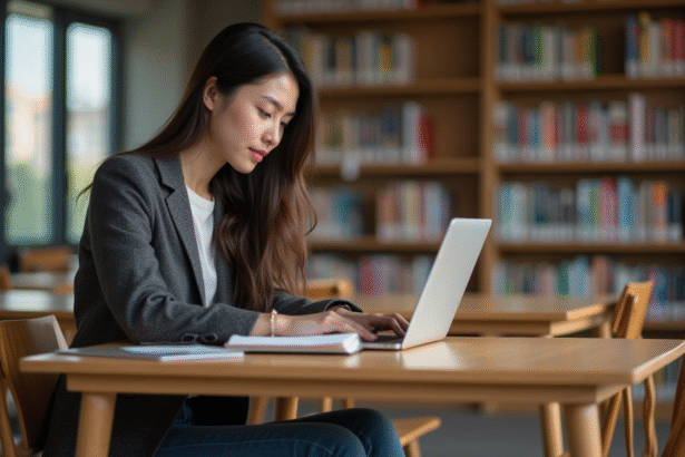 Jeune femme en blazer dans une bibliothèque universitaire