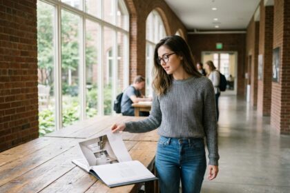 Jeune femme regardant des portfolios dans un couloir universitaire