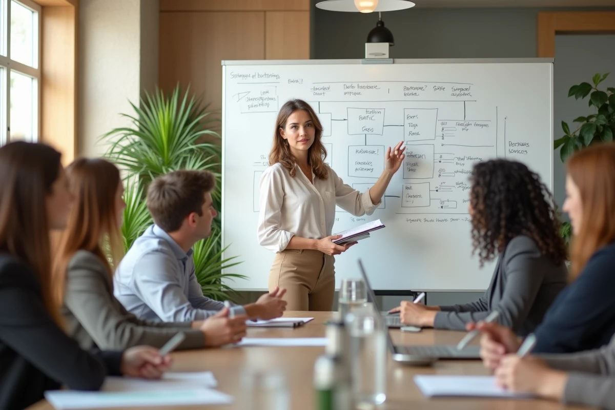 Jeune femme en réunion avec tableau blanc et collègues