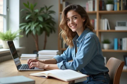 Jeune femme concentrée travaillant sur son ordinateur dans un bureau moderne