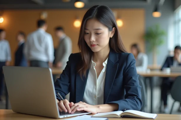 Jeune femme en bureau moderne travaillant sur son ordinateur