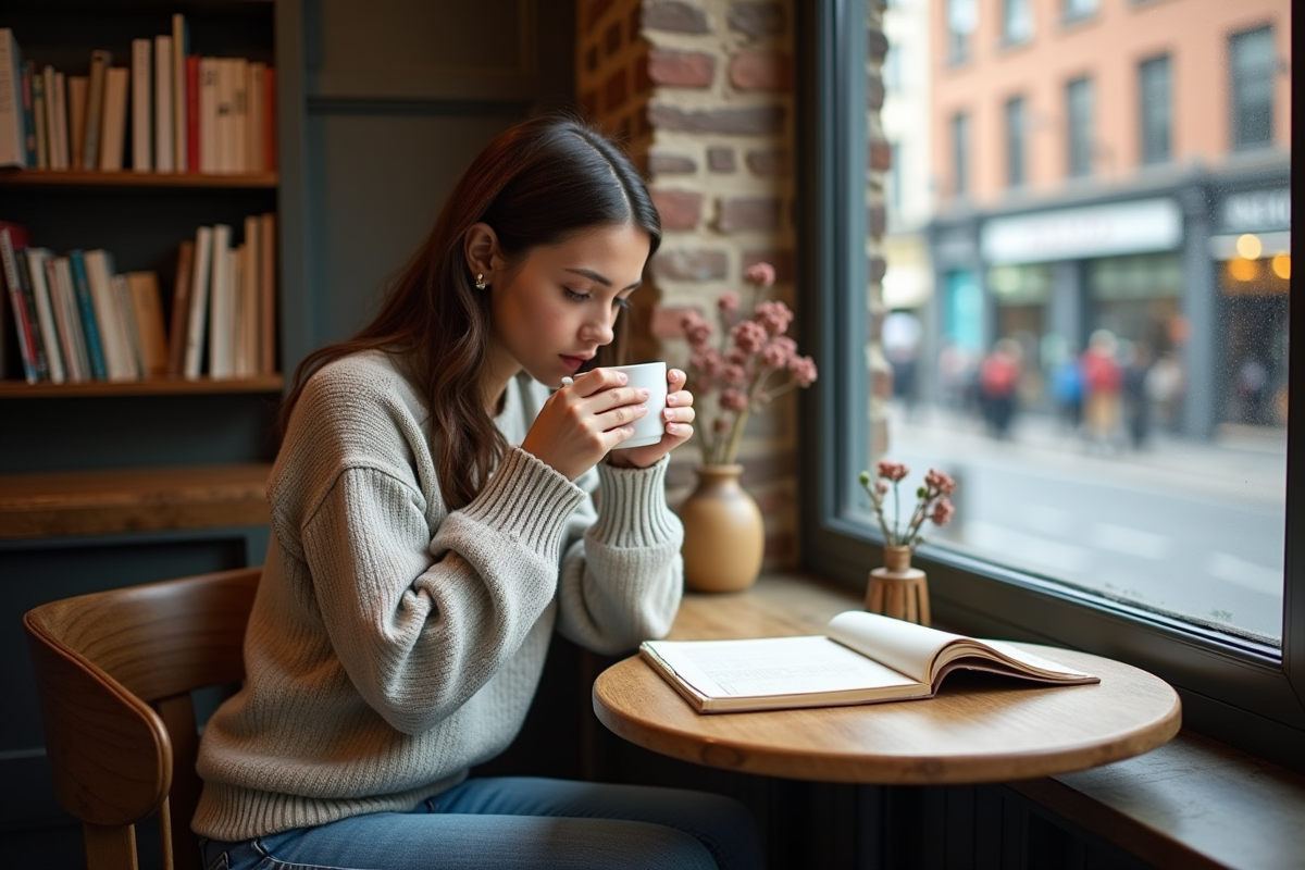 Jeune femme lisant un journal de voyage au café